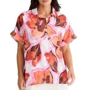 Brave True Alice Short Sleeve Womens M/L Azalea Floral Print Button Down Blouse